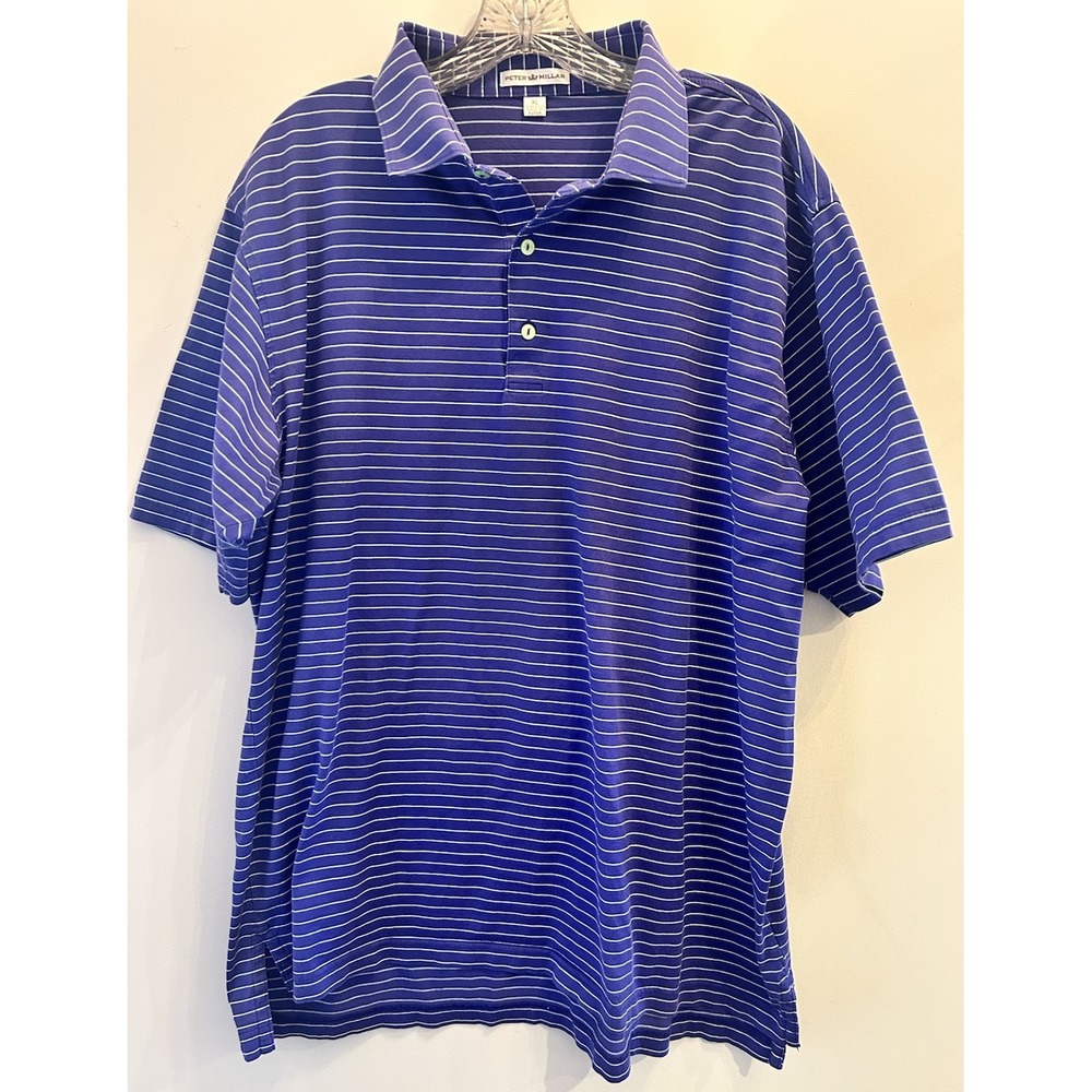 Peter Millar Men's Golf Polo Shirt‎ Purple White Striped 100% Cotton Size XL